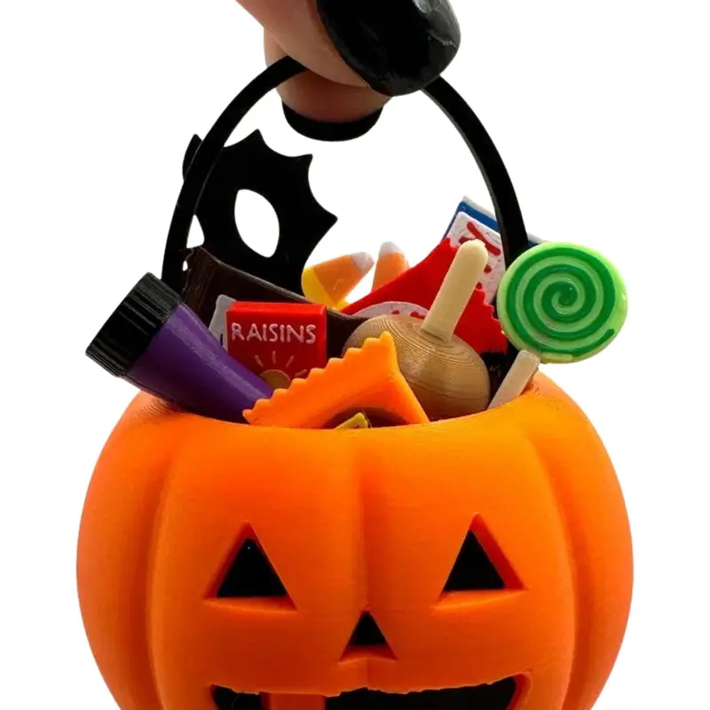 Mini 3D Printed Halloween Jack O Lantern Pumpkin Trick or Treat with Fillers- candy, candy corn, mask, caramel apple, flashlight, chocolate- Miniverse, Miniature, Desk Decor, Fall, Autumn, Pumpkin, Blue Option for Autism Awareness Gift Decoration Orange
