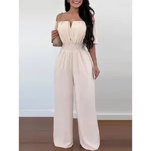 Sexy Solid Off Shoulder Jumpsuit Elegant V Neck Slim Fit Elastic Waist Jumpsuits 2024 New Office Lady Fashion Women Clothing Formal Overalls