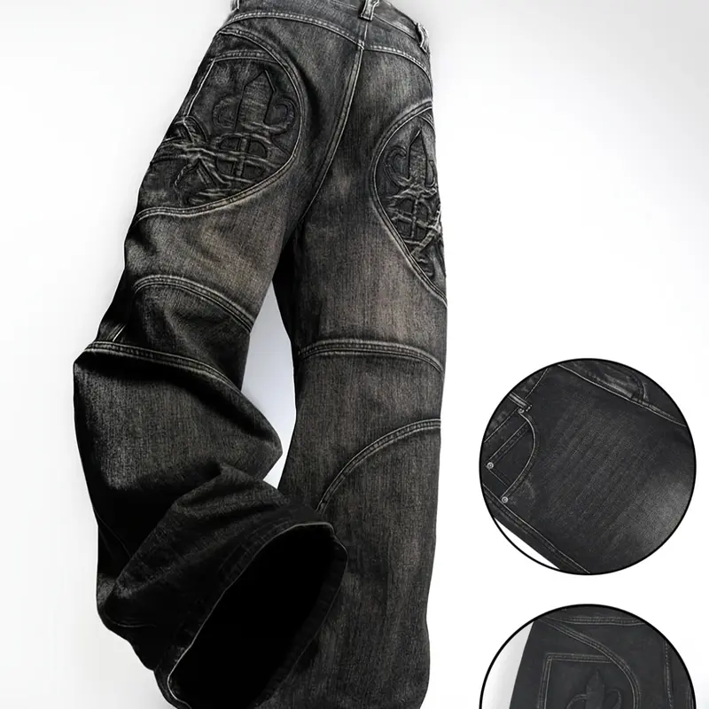 Loose Fit Men's Jeans, High Street Loose, Street Style Pattern Print, Cool and Trendy Denim Jeans, Comfortable Casual Wear, Fashionable Menswear