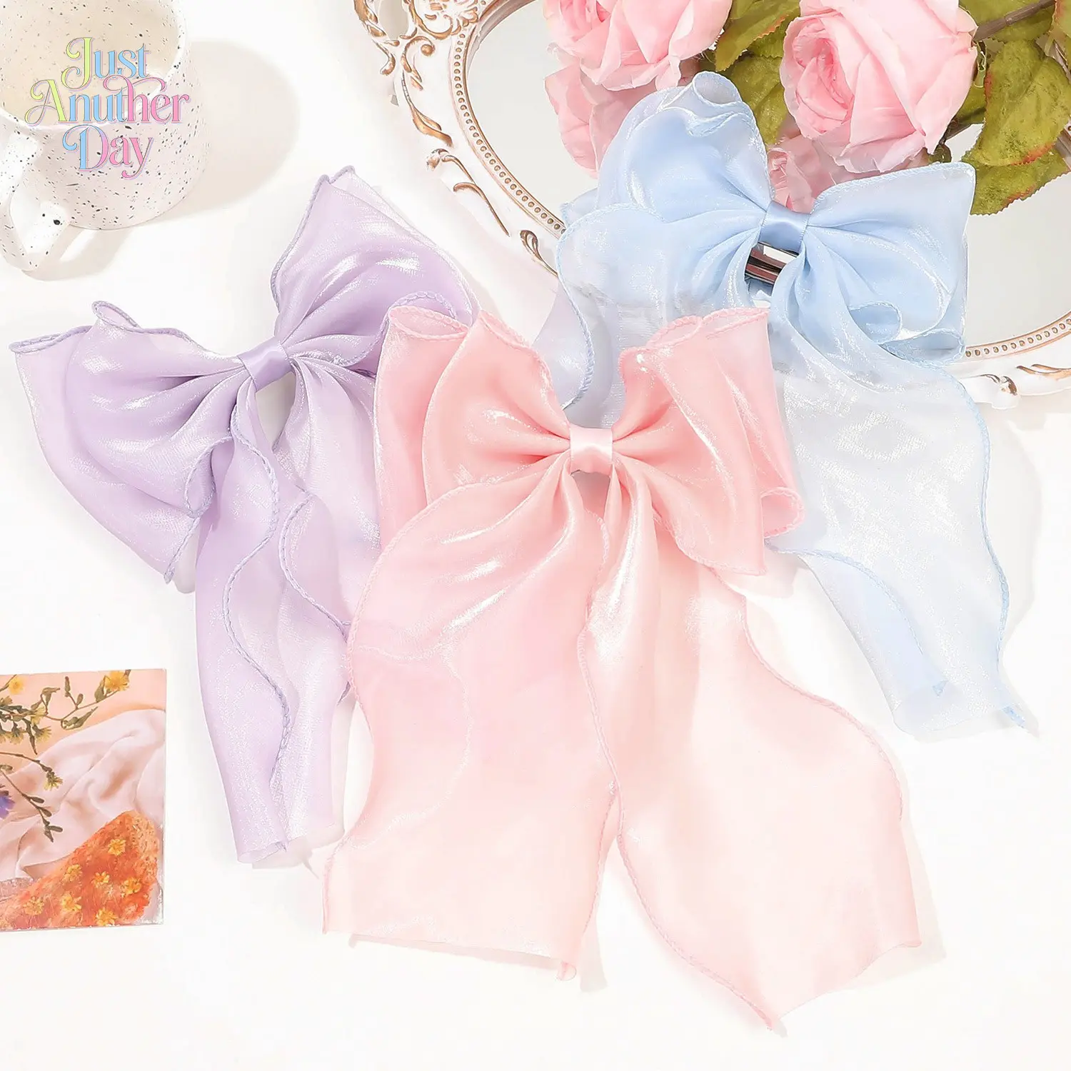 Shimmer Organza Bow Hair Accessories, Big Bow Hair Clips with Flowing Wavy Ribbons, Luxury Satin & Tulle Barrettes for Bridal, Prom, and Daily Wear