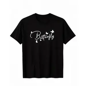 Cursive Butterfly Graphic Tee - Minimalist Script Design with Flying Butterflies, Aesthetic Soft Casual Top for Daily Wear, Four-season casual short-sleeved T-shirt, personalized tee, casual style, travel daily outfit