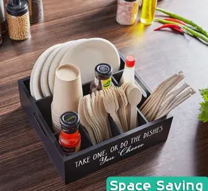 Wooden bowl, plate, knife and fork storage box, desktop compartmentalized condiment bottle storage box