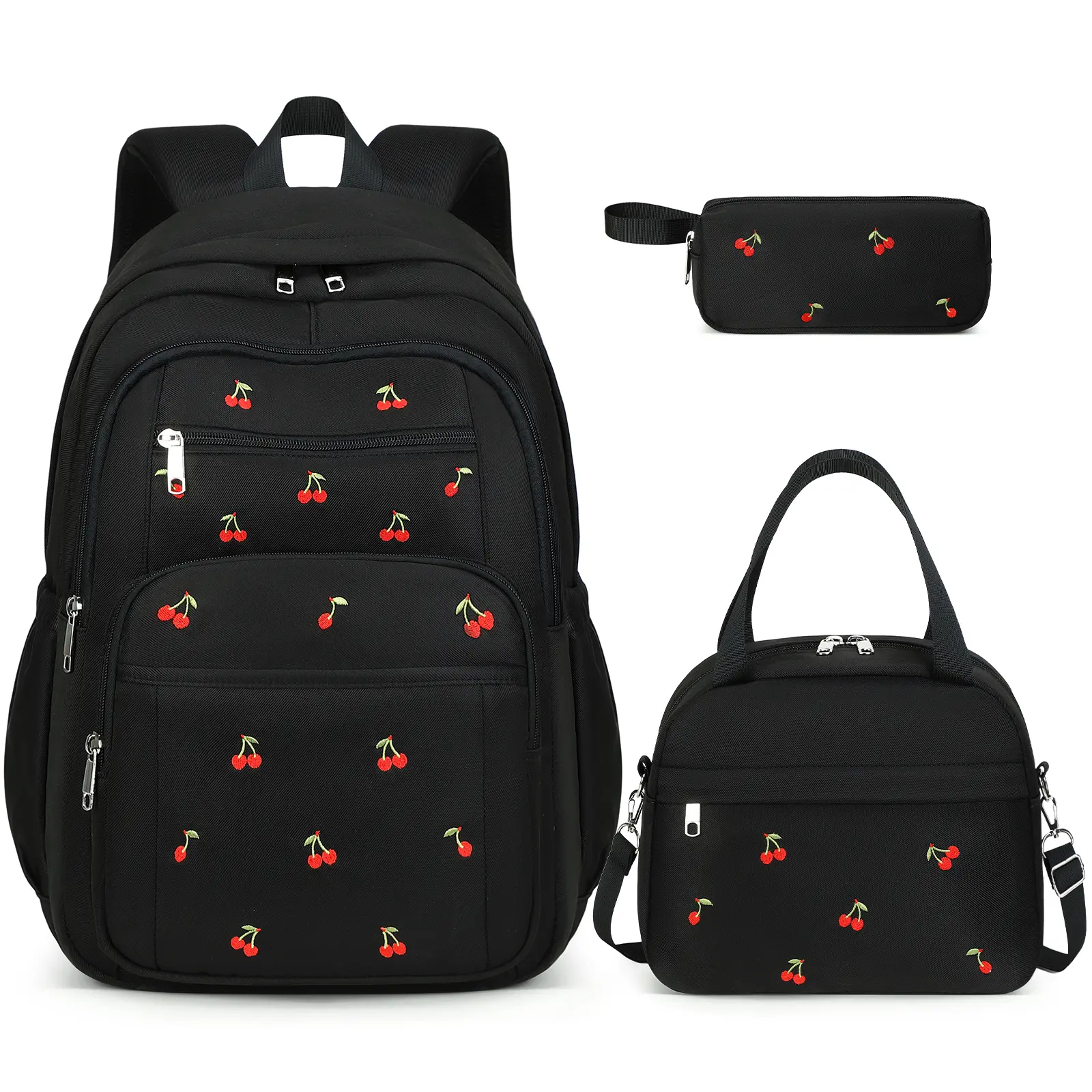 Girls Backpack - 3PCS Embroidered Backpack Set for Girls with Lunch Bag and Pencil Case, Cute School Bookbag for Elementary Middle High School Students, Back to School Supplies