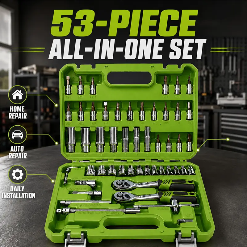 53PCS Mechanics Tool Set, Socket Wrench Kit with Storage Case, Professional Hand Tool Set for Auto Repair, Home Maintenance and DIY Projects