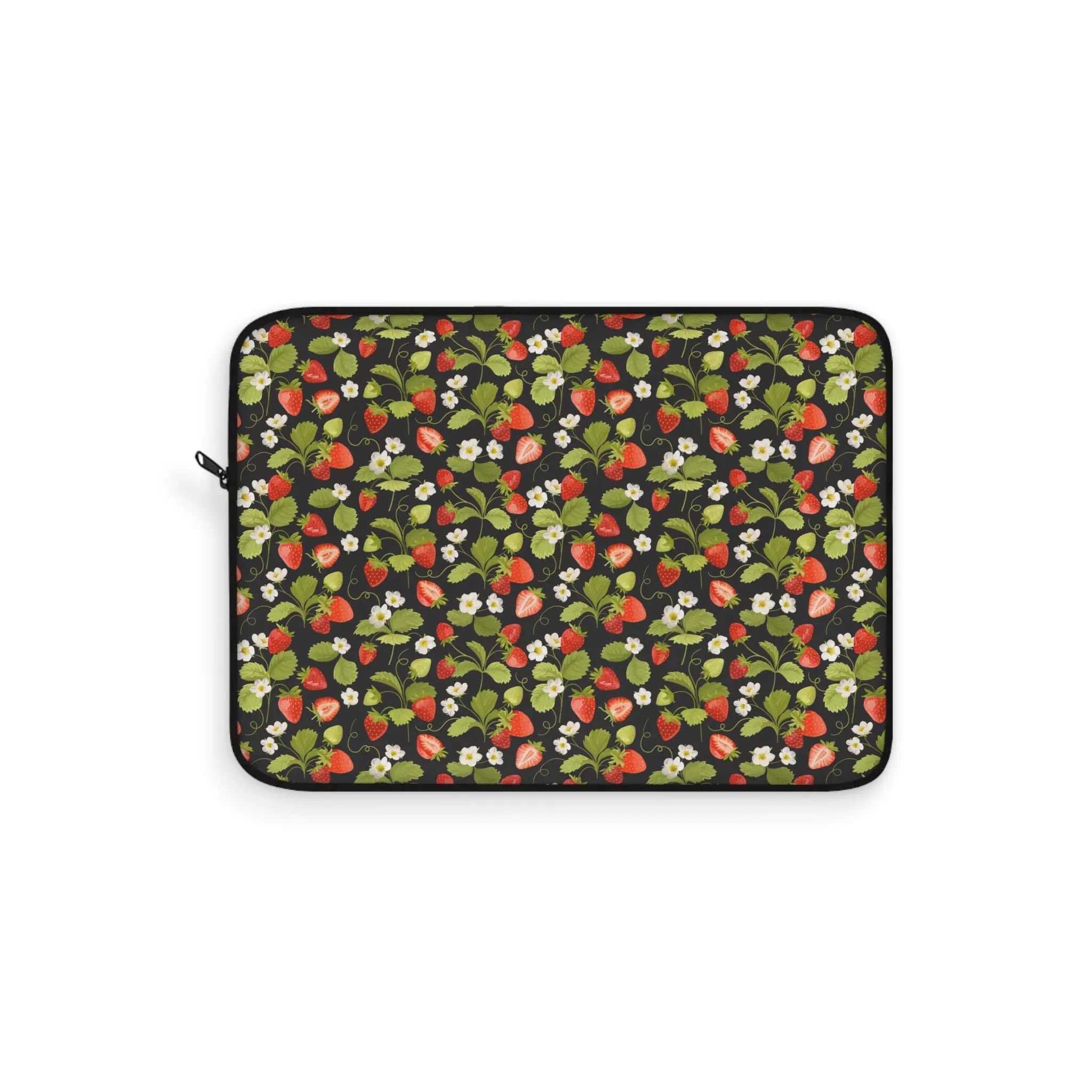 Strawberry Floral Laptop Sleeve Watercolor Berries Leaves Pattern Plush Fleece Interior Durable Polyester Exterior Smooth Zipper Lightweight