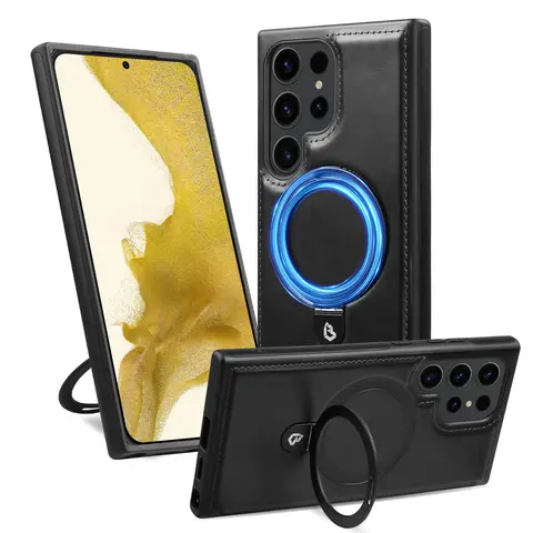 Silicone-Leather Flip Smartphone Case with Built-in Metal Stand, Full Coverage Plastic Protector for Samsung Galaxy S22, S22Plus, S22Ultra, S23, S23Plus, S23Ultra, S24, S24Plus, S24Ultra - Mobile Phone Accessory