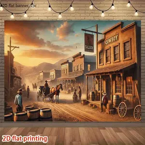1 Western-style denim party banner - Decorated with an old-western main street backdrop against the sunset, durable polyester fiber hanging banner, suitable for western-themed parties, bar decorations, home use, bar wwx