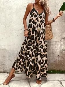 Women's Leopard Print Halter Long Dress, Casual Loose Fit Vacation Beach Dress, Comfortable Summer Fashion, Perfect for Relaxing