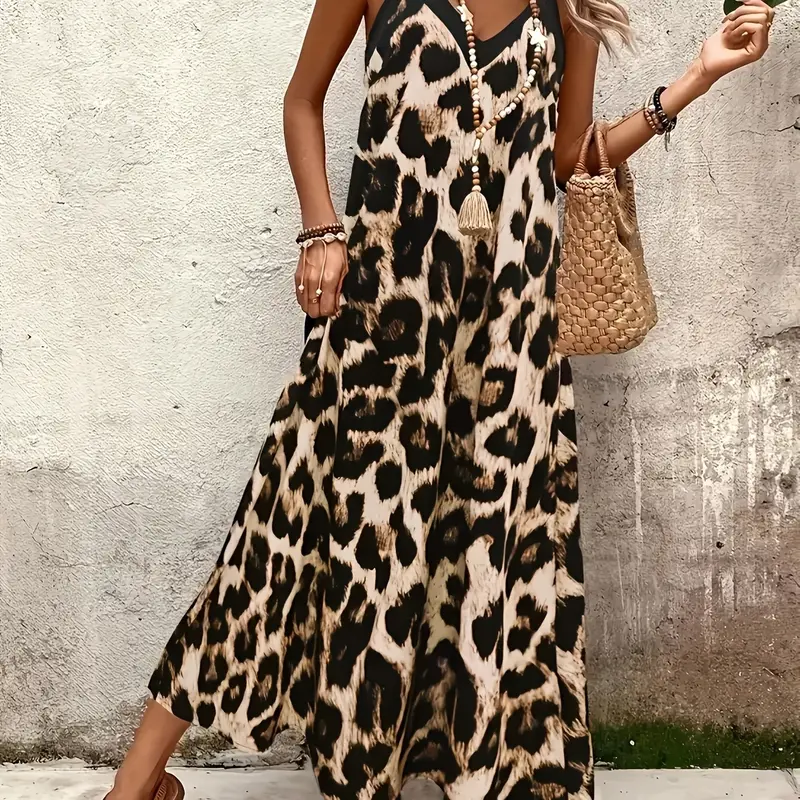 Women's Leopard Print Maxi Dress, Loose-Fit Vacation Beach Dress, Comfortable Summer Wear, Loose Fitting Sundress, Perfect for Relaxing