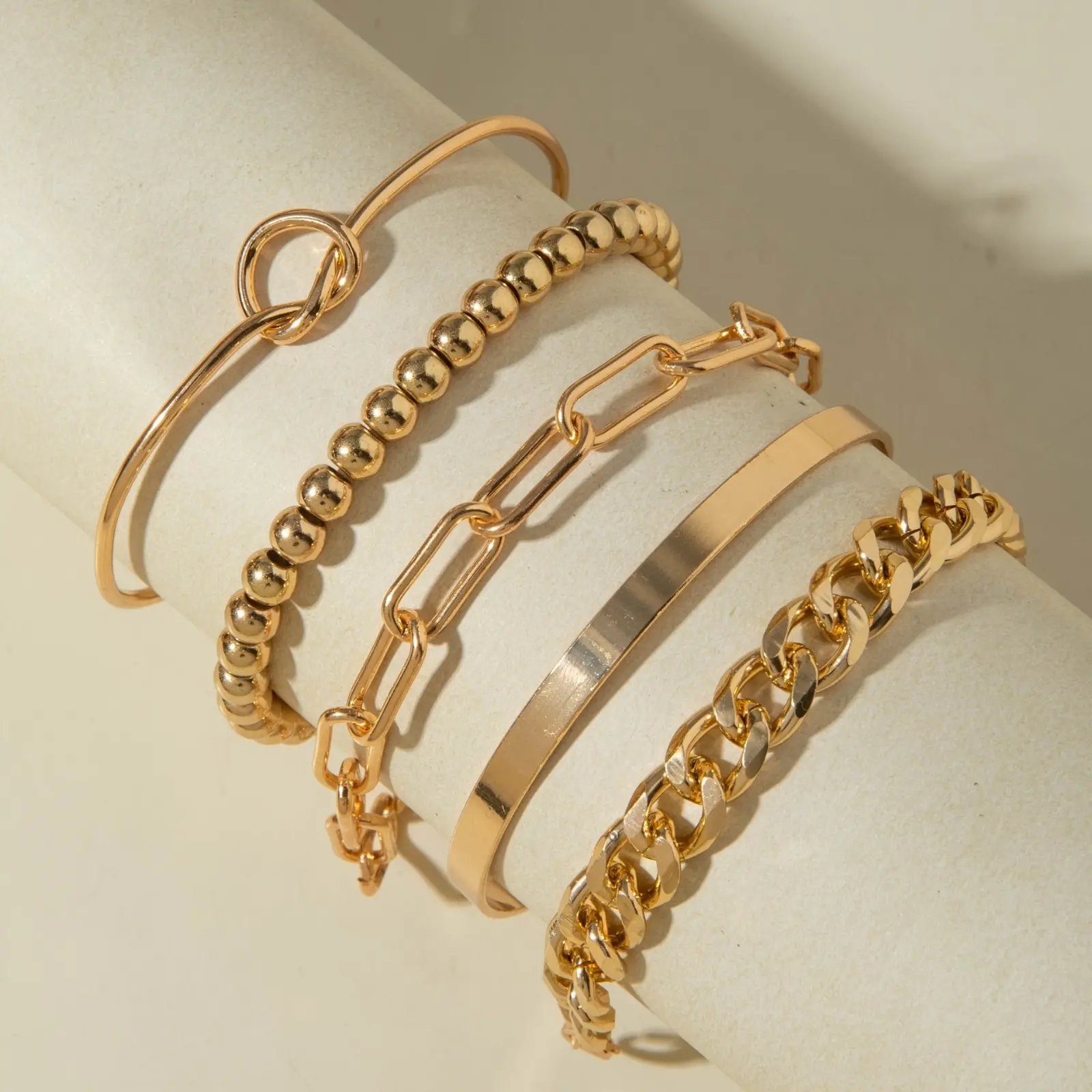 5Pcs Bracelet Set for Women, Stackable Cuff Bangles, Mixed Style Tie Knot Cuban Rope Paperclip Beaded Bracelet Jewelry