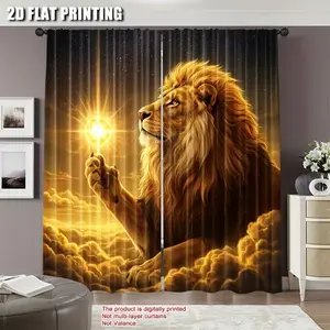 2 Piece Lion Print Curtains, Fashionable Rod Pocket Window Drapes for Bedroom and Living Room, Comfortable Atmosphere, Easy Installation