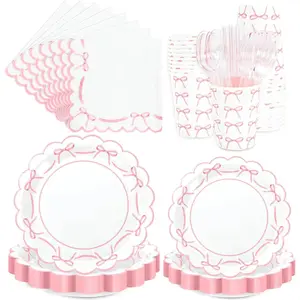 175Pcs Pink Bow Party Supplies Kit Scalloped Bowknot Tableware Set Disposable Dinnerware Paper Napkin Plate Cup Spoon Fork Knife for 25 Guests Party Favor