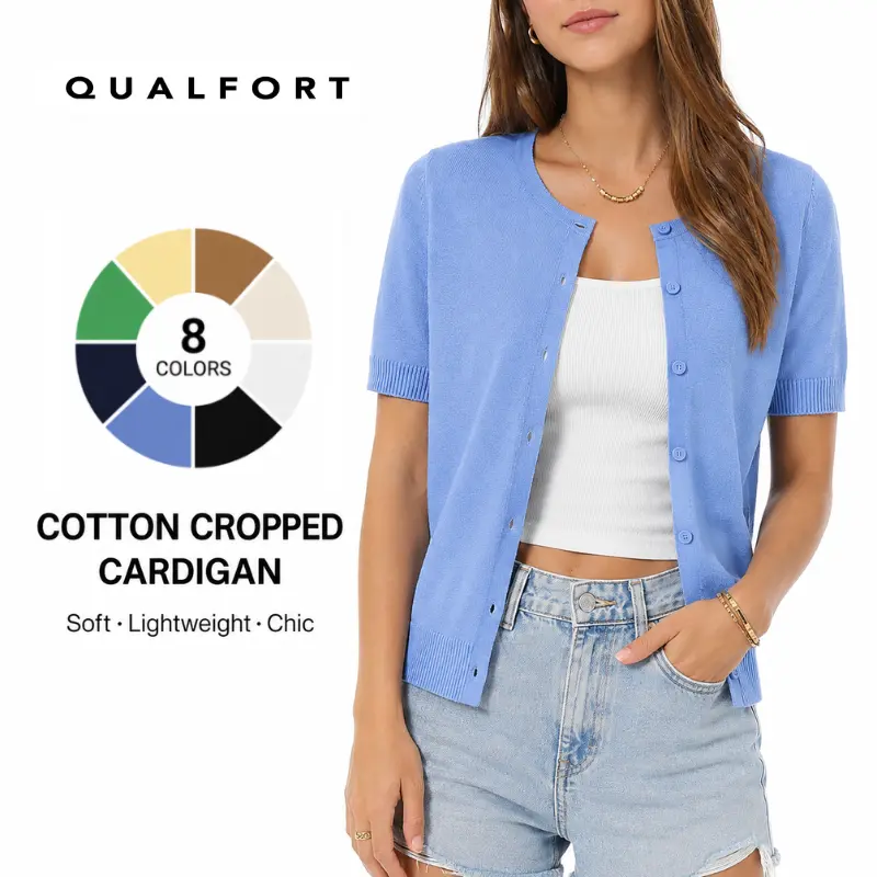 QUALFORT Women’s 100% Cotton Cropped Short-Sleeve Button-Down Knit Cardigan Sweater - Lightweight Basic Knitwear, Women's Fashion Business Casual Summer Tops