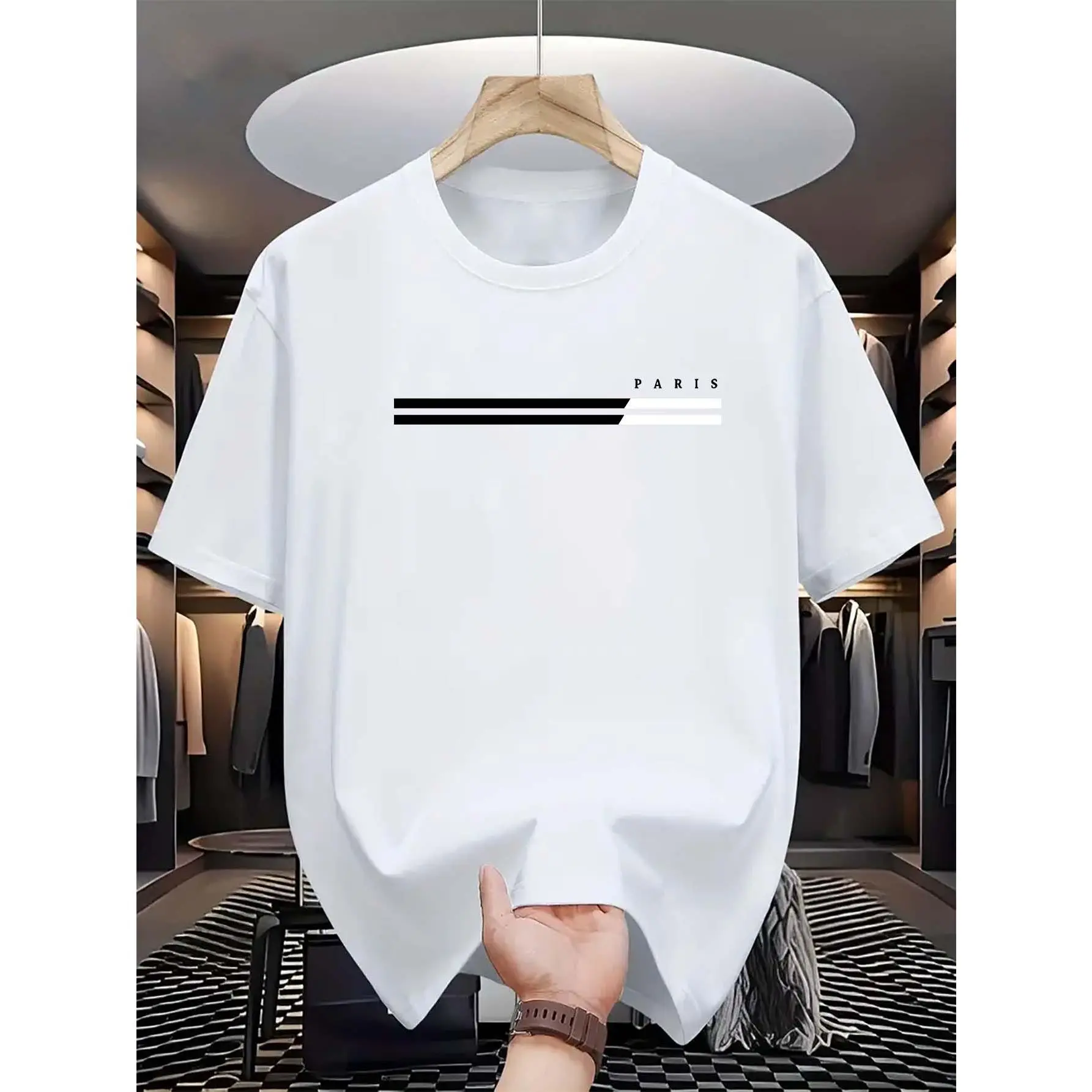 Cotton Short Sleeve  T-Shirt Comfortable Summer Short-Sleeve Tee, Men's Casual Crew Neck T-Shirt with Paris Letter Print, 100% Polyester Knit Fabric, Slight Stretch, Fashionable & Versatile for Adults