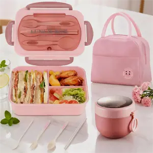 Pink Bento Box 3 Pcs Set Leakproof Compartmentalized Lunch Box Insulated Bag Soup Container Utensils Fresh Organized Meals On-the-Go for Work School Picnics Stylish Practical Food Safe Must Have