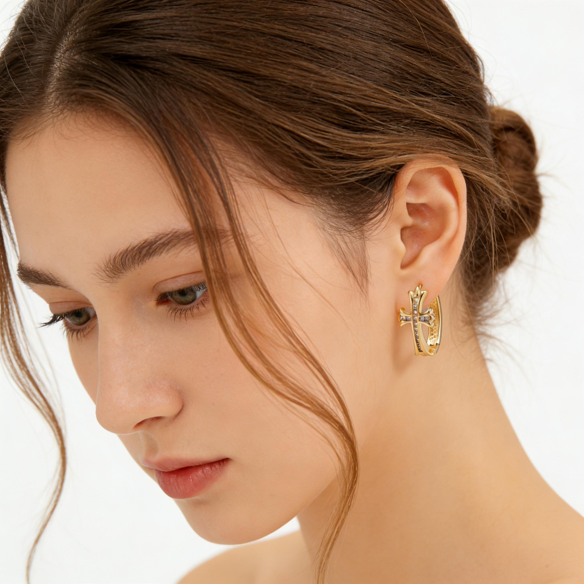 Women's Cross Ring Earrings, 14K Gold Plated Zircon Religious Cross Earrings, French Retro Hypoallergenic Circle Dangle Earrings