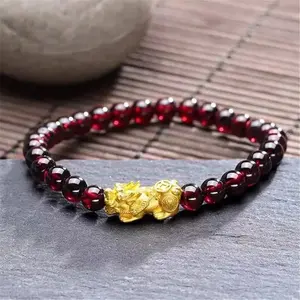 Natural Genuine Garnet Gold-Plated Pixiu Charm Fengshui Handmade Braided Luck Fortune Stone Stretchy Bracelet