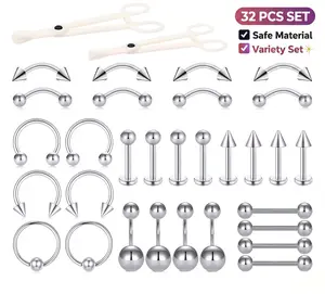 32PCS Piercing Kit - 14G & 16G Stainless Steel Set: Includes Belly Button, Lip, Septum, Industrial, Nipple & Tongue Rings - Body Jewelry