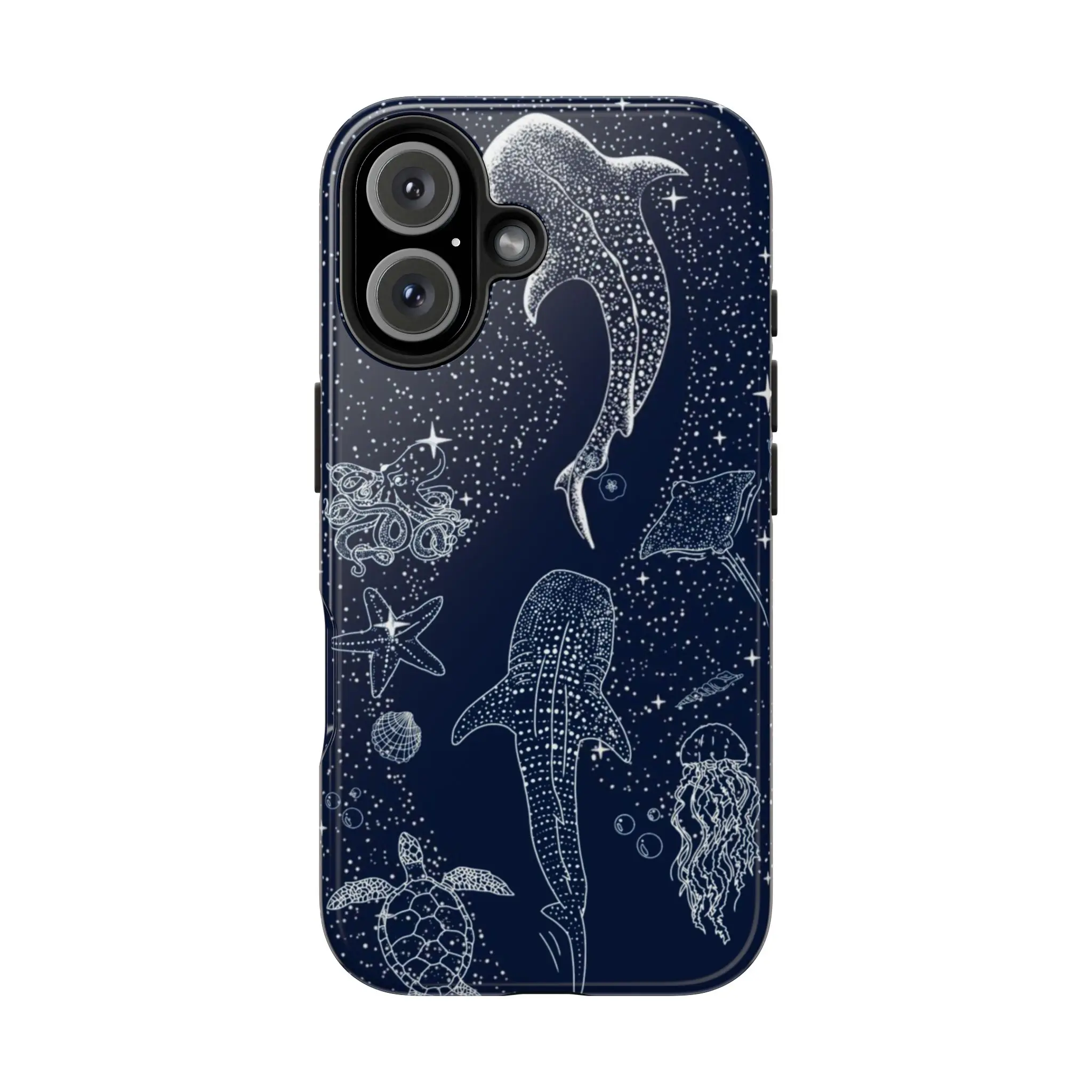 Ocean Blue Whale Shark Phone Case for IP 16 15 14 13 12 11 Pro Max , Whale Shark & Sea Turtle Starry Case, Shockproof Heavy Duty Protective Cover, Cosmic Ocean Marine Life Tough Case