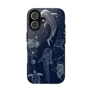 Ocean Blue Whale Shark Phone Case for IP 16 15 14 13 12 11 Pro Max XR Xs 6 7 8 Plus SE, Whale Shark & Sea Turtle Starry Case, Shockproof Heavy Duty Protective Cover, Cosmic Ocean Marine Life Tough Case