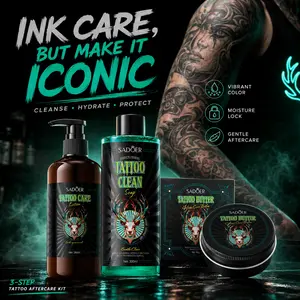 SADOER Tattoo Aftercare Kit with Tattoo Balm 40g, Lotion 280ml & Foaming Cleanser 300ml – 3-Piece Color Care and Moisturizing Set for Tattooed Skin