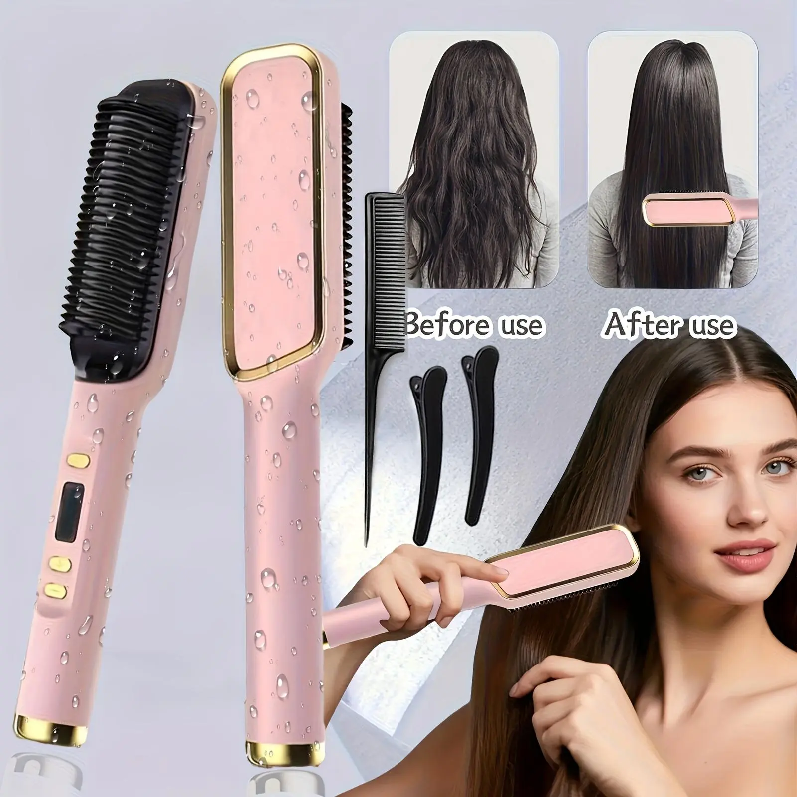 Ceramic Hot Comb, Unisex 2-in-1 Hair Straightener & Portable Curling Iron with an Anti-Scald Design for Fast Styling, Hair Curler, Comb + Flatiron + Hair Curler Multifunctional Hair Straightener Curling Straightening Tool