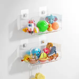 Corner Mounted Shower Caddy Bath Toy Storage Holder, 2 Pack Large Capacity Clear Adhesive Shower Caddy & Bathtub Organizer with Quick-Dry Holes, No Drill Wall Mounted for Bathroom, Kitchen Set Installation