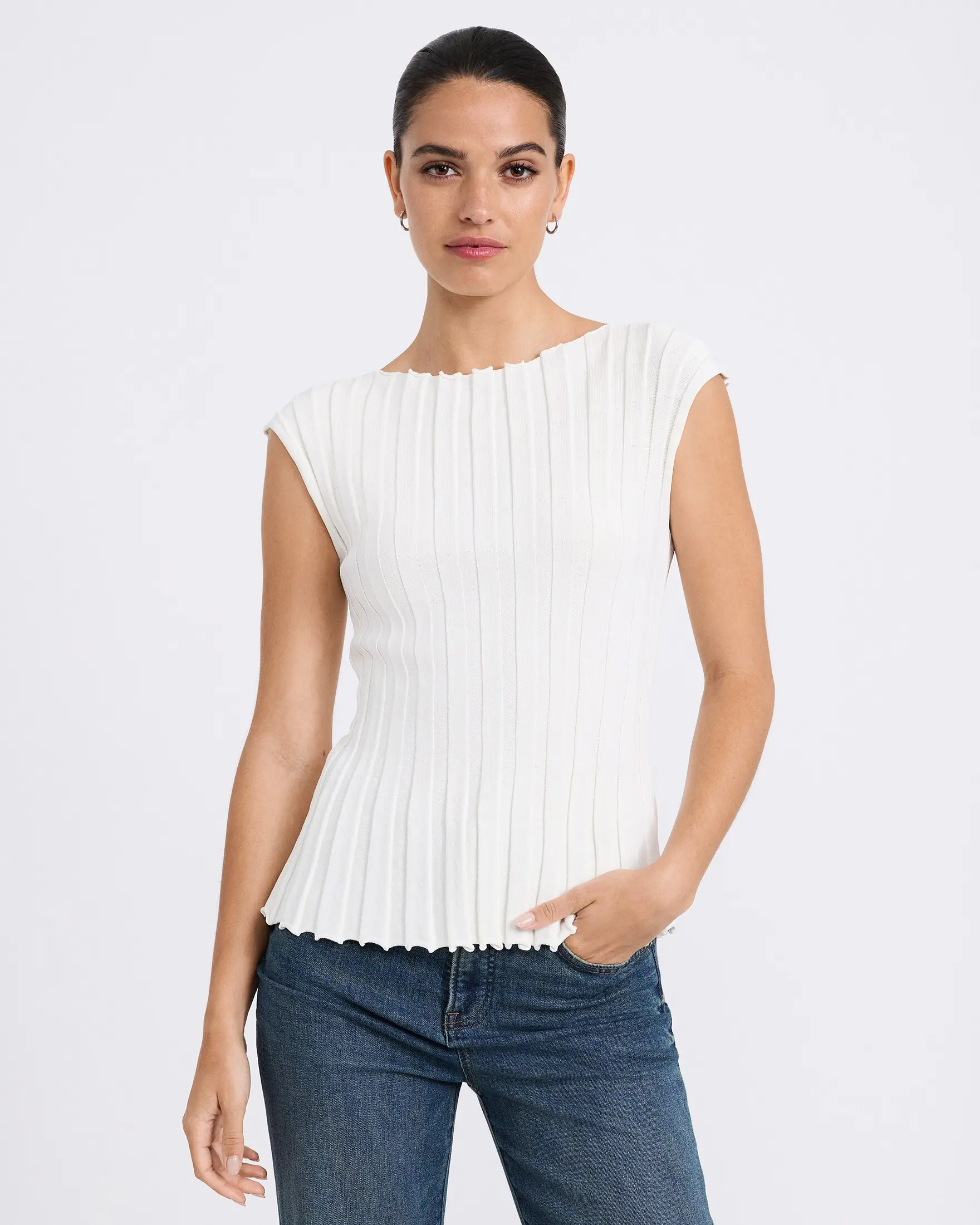 Express Ribbed Boat Neck Cap Sleeve Sweater, Shortsleeve, Women