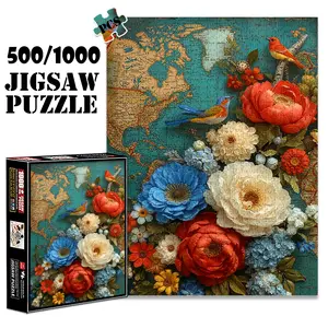 1pc 1000 piece adult puzzle 70x50cm World Map with Colorful Flowers and Birds500 pieces of paper jigsaw puzzle, suitable for adults and families, large-scale DIY puzzle interactive toy games, birth