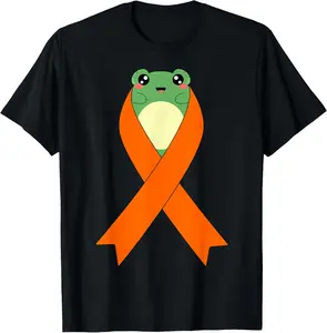 100% Cotton Leukemia Cancer Awareness Kawaii Frog Orange Ribbon T-Shirt