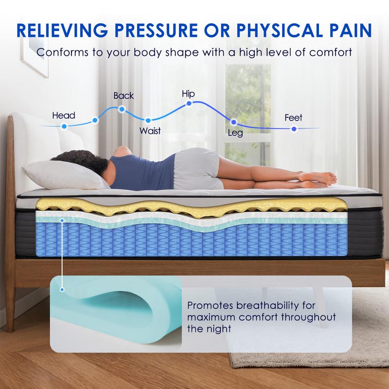 QueenRose Hybrid Mattress in a Box 10/12/14 Inch Individual Pocket Coils Memory Foam Queen/King Bed Firm Support Relieve Back Pain Easy Setup Outdoorfun Sleep Well, Excellent gift for Christmas and New Year