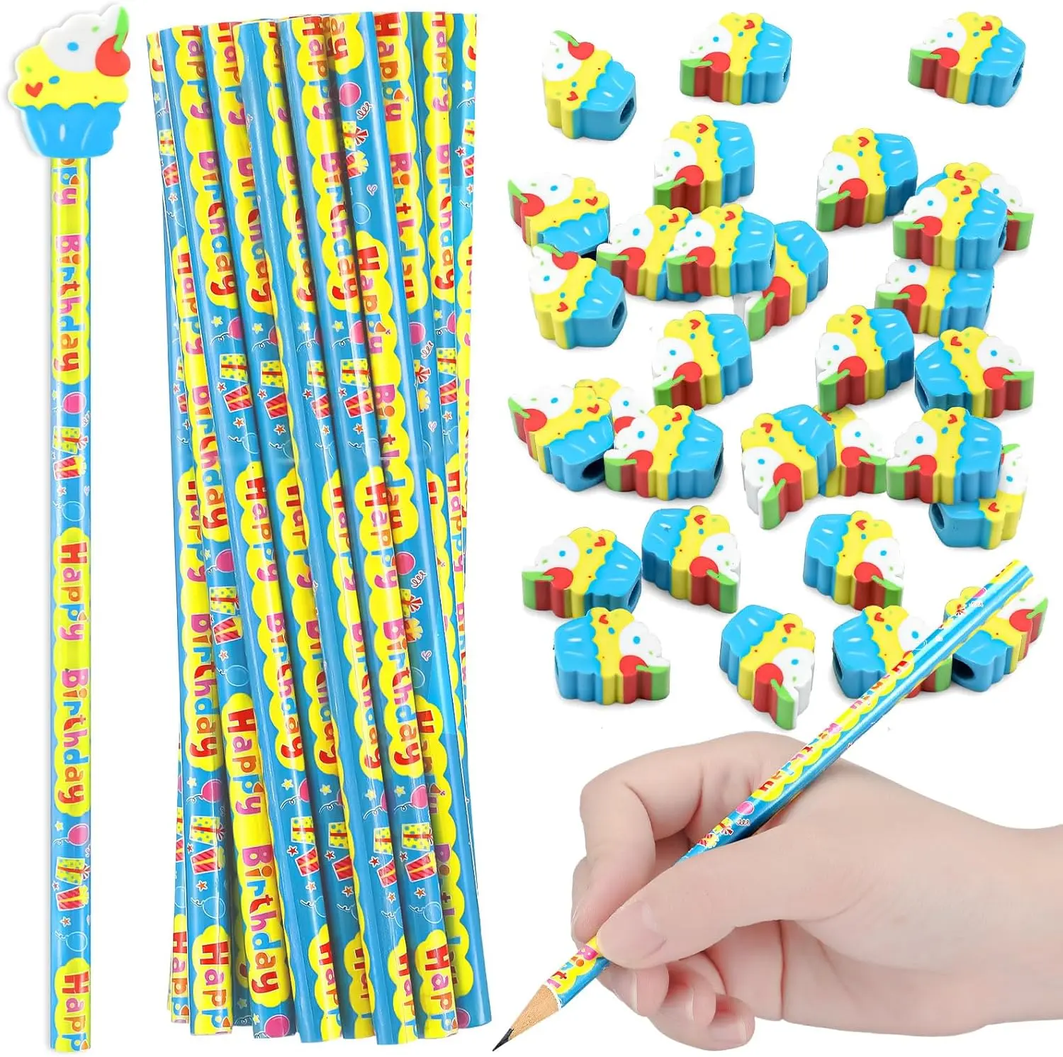30/36/50 Pcs Back to School Birthday Pencil Gifts for Kids Classroom Party Favors Include Wooden HB Yellow Pencils with Cupcake Erasers Round Cards Smile Ribbons Teacher Reward Supplies First Day of School Essentials for Students