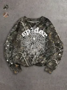 Men's Camo Pullover Sweatshirt with Spider Web & Star Patterns, Trendy Long Sleeve Top for Halloween & Daily Wear, Unique Fashion Style