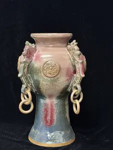 Handmade Chinese Jun Porcelain Vase with Dragon & Phoenix Relief, Vintage Kiln-Fired Glaze Ceramic Vase, Lucky Asian Art Home Decor