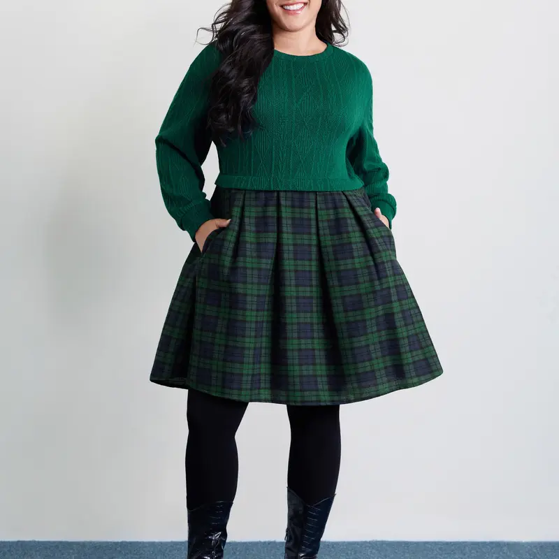 BloomChic Lady's Casual Checkered Plaid Layered Midi Dress - Round Neck Lantern Long Sleeves, Pockets, 99% Poly Fabric Garment, Smooth Drape, Stretchy Medium Fit, Low Iron, Casual Wear, SohoChic