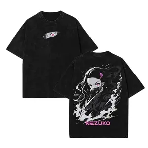 acid wash graphic tee, anime double sided print t shirt, vintage manga streetwear tee, oversized crew neck short sleeve, otaku fan top, vintage washed black graphic shirt