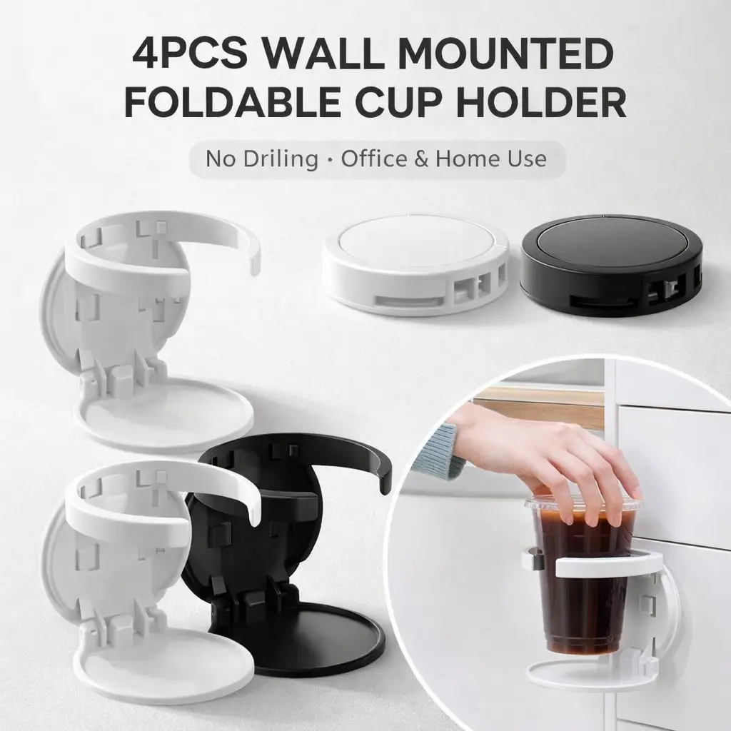 4 Pack Wall Mount Foldable Cup Holder – No Drill, Adhesive Mount for Office Desk, Cabinet Door – Space Saving Coffee Mug Storage Rack – Collapsible & Sturdy
