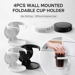 4 Pack Wall Mount Foldable Cup Holder – No Drill, Adhesive Mount for Office Desk, Cabinet Door – Space Saving Coffee Mug Storage Rack – Collapsible & Sturdy