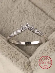 S925 Sterling Silver Crown Design Artificial Zircon Decor Bridal Engagement Ring, Luxury for Women, Trendy All-match & Exquisite Jewelry for Birthday Gift