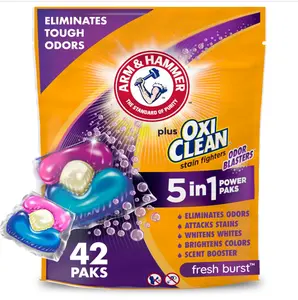 ARM & HAMMER Plus OxiClean with Odor Blasters Concentrated Laundry Detergent, 5-in-1 Laundry Stain Remover, Fresh Burst Detergent Power Paks, 42 Count Bag
