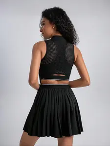 Women's Solid Cut Out Sports Dress, Breathable Comfortable Tennis Dress, Ladies Sportswear for Indoor Outdoor Wear