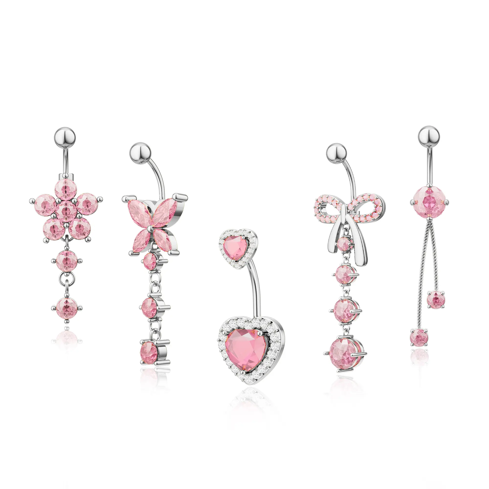 Moodear Dangle Belly Button Rings - Surgical Steel Silver and Rose Gold CZ Piercing Jewelry for Women