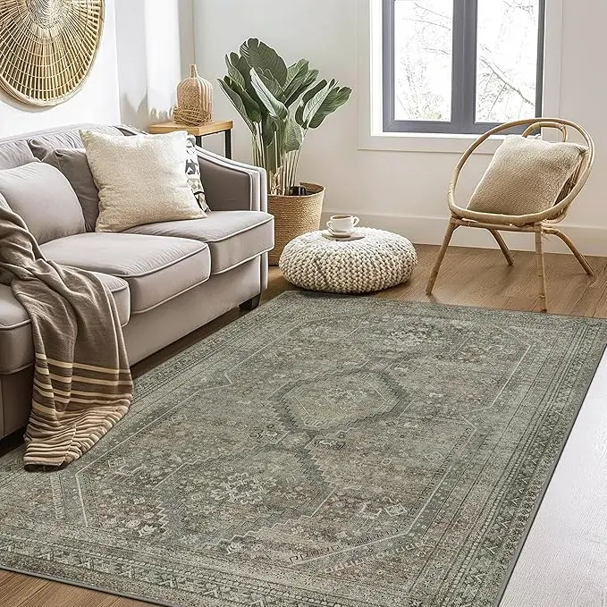 Vogue Area Rug 8x10 Machine Washable Non-Slip Lightweight Vintage Large Print Mat for Home Office, Bedroom, Dining Room &   Hall