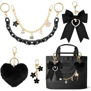 5PCS Tote Bag Charms Kit, Decorative Bow & Chain Accessories with Flower Charm and Heart Pom Pom Keychain, Compatible with YETI Camino 20/35/50 Carryall & Bogg Beach Tote Bags