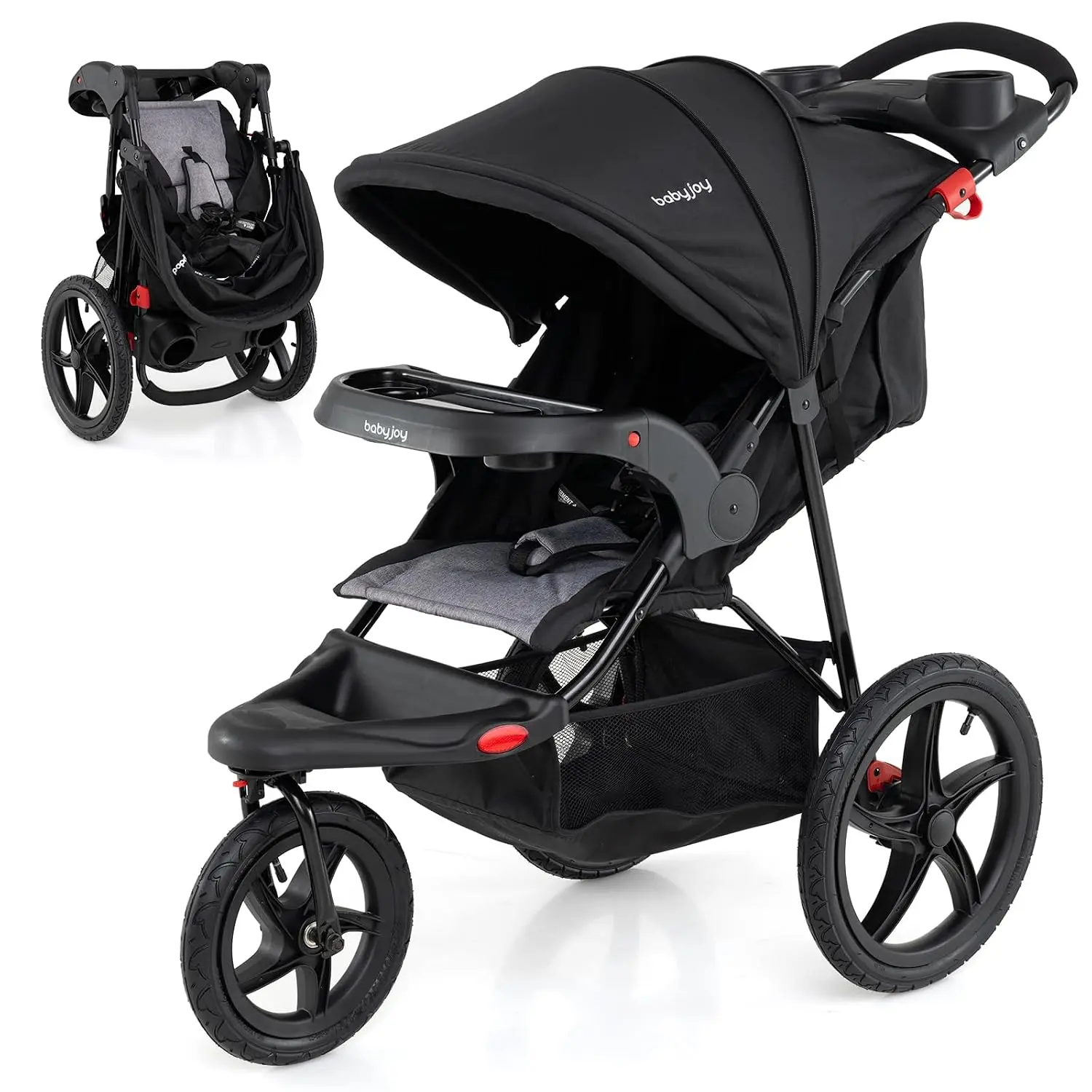 Costzon  Jogging Stroller, Foldable Jogger Stroller with Adjustable Canopy & Backrest, Air-Filled Tires, Child & Parent Tray, Cup Holders, Storage Basket, Running Stroller for Babies Toddlers