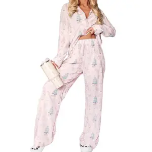 Women Christmas Pajamas Lounge Set Santa Christmas Tree Print Long Sleeve Tops and Pants 2 Piece Loungewear Outfits