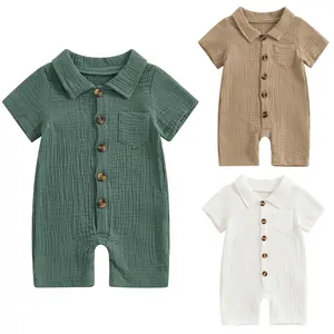 Newborn Infant Baby Boy Summer Outfit Clothes Solid Color Button Down Romper Short Sleeve Jumpsuit Overalls