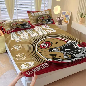 Sports Theme Fitted Sheet Set and 2 Coreless Pillowcases, Golden Helmet & Team Emblem Team Name Element Mattress Protector, Soft Anti-Slip Wrinkle-Resistant, Rugby Fan Bedroom Decor, Gift Choice