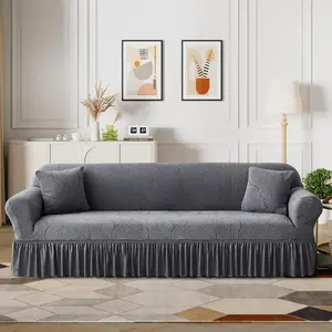Stretch Sofa Slipcover, Cushioned Couch Cover with Skirt, Pet-Friendly Durable Washable Stretchable, Easy-Fit Universal Furniture Protector, (75"-91", Dark Gray)