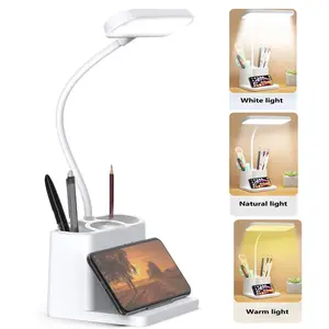 LED Desk Lamp with USB Adapter Charging, Eye-Caring Study Lamp for Home Office, 3 Color Dimming Brightness With Pen/Phone Holder, Flexible Gooseneck Reading Lamp